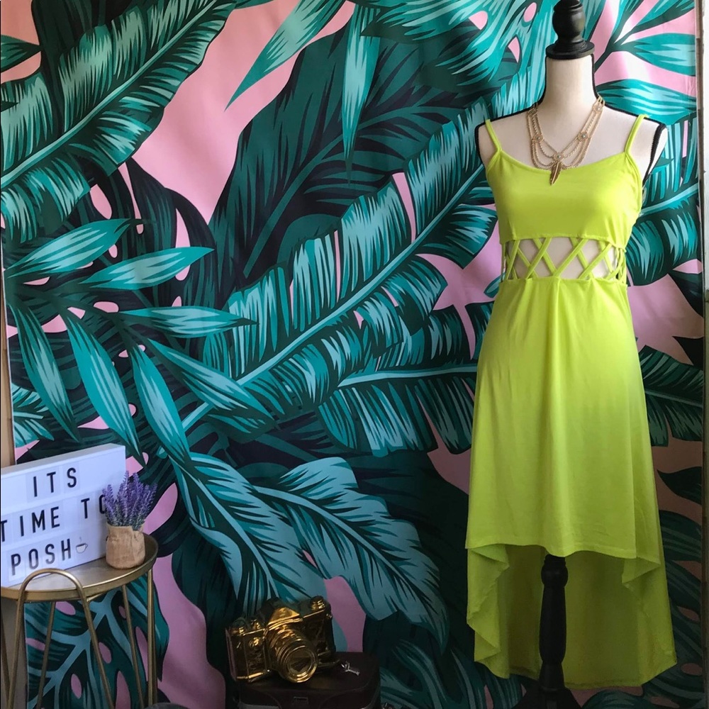 Lime green asymmetric dress.